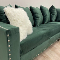 L-Shaped Sectional covered in Green Velvet with Silver nail heads, PRE-ORDER