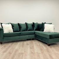 L-Shaped Sectional covered in Green Velvet with Silver nail heads, PRE-ORDER