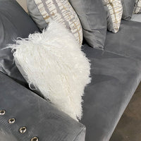 L-Shaped Sectional covered in Grey Velvet with Silver nail heads