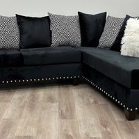 L-Shaped Sectional covered in Black Velvet with Silver nail heads