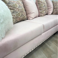 L-Shaped Sectional covered in Pink Velvet Suede with Silver nail heads