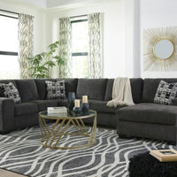 Ashley Sectional with Chaise (Smoke), Exposed feet with faux wood finish & Polyester upholstery and pillows / PRE-ORDER