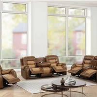 OVERSIZED 2-Tone Brown 3PC Reclining Set, Sofa w/ Drop Down Table with Cupholders & Power Box - Loveseat with Storage Console - Rocking Chair )/ PRE-ORDER