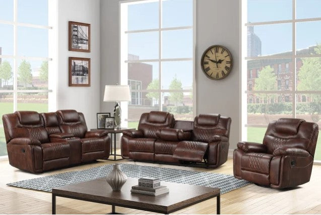 3PC OVERSIZED Brown Reclining Set, Sofa Drop Down-Table w/2 Cup