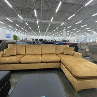 Amber Gold Velvet L-shaped Sectional *REVERSIBLE CHAISE*, Gold Metal Legs ***SALE***