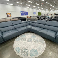 Quinton Top Grain Leather Sectional with Adjustable Headrests, Navy Blue, Mirrored Gunmetal Gray Legs **SALE**
