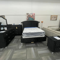 Diamond Palace Black Velvet Bedroom Set ( Bed, Dresser, Mirror, Nightstand, Chest )