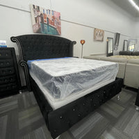 Diamond Palace Black Velvet Bedroom Set ( Bed, Dresser, Mirror, Nightstand, Chest )