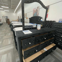 Diamond Palace Black Velvet Bedroom Set ( Bed, Dresser, Mirror, Nightstand, Chest )