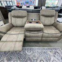 3pc Brown Reclining Set, Drop-Down Table with Power Box, Loveseat with Gliders and Storage Console with Power Box & Rocking Chair