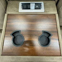 3pc Brown Reclining Set, Drop-Down Table with Power Box, Loveseat with Gliders and Storage Console with Power Box & Rocking Chair