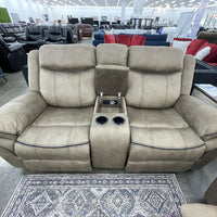 3pc Brown Reclining Set, Drop-Down Table with Power Box, Loveseat with Gliders and Storage Console with Power Box & Rocking Chair