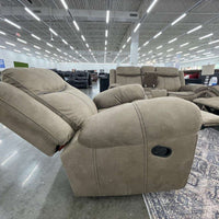 3pc Brown Reclining Set, Drop-Down Table with Power Box, Loveseat with Gliders and Storage Console with Power Box & Rocking Chair