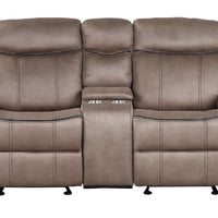 3pc Brown Reclining Set, Drop-Down Table with Power Box, Loveseat with Gliders and Storage Console with Power Box & Rocking Chair