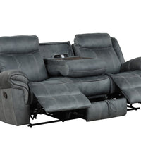 3pc Gray Reclining Living Room Set, Sofa Drop-Down Table with Power Outlet/USB Charging Ports, Loveseat with Gliders and Storage Console with Power Outlet/USB Charging Ports