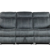 3pc Gray Reclining Living Room Set, Sofa Drop-Down Table with Power Outlet/USB Charging Ports, Loveseat with Gliders and Storage Console with Power Outlet/USB Charging Ports
