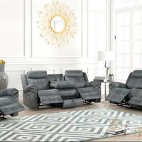 3pc Gray Reclining Living Room Set, Sofa Drop-Down Table with Power Outlet/USB Charging Ports, Loveseat with Gliders and Storage Console with Power Outlet/USB Charging Ports