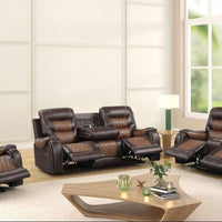 OVERSIZED 2-Tone Brown 3PC Reclining Set - ( Sofa w/ Drop Down Table with Cupholders & Power Box - Loveseat with Storage Console - Chair with Glider)