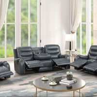 OVERSIZED Blue/Gray 3PC Reclining Set, Sofa w/ Drop Down Table with Cupholders & Power Box - Loveseat with Storage Console & Power Box - Rocking Chair) - PRE-ORDER