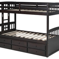313 Espresso/White/Black Twin Bunk Bed w/ Trundle & 3 Drawers – Solid Wood & Full Slats (PRE-ORDER)