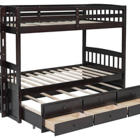 313 Espresso/White/Black Twin Bunk Bed w/ Trundle & 3 Drawers – Solid Wood & Full Slats (PRE-ORDER)