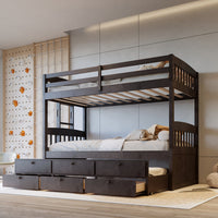 313 Espresso/White/Black Twin Bunk Bed w/ Trundle & 3 Drawers – Solid Wood & Full Slats (PRE-ORDER)