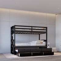 313 Espresso/White/Black Twin Bunk Bed w/ Trundle & 3 Drawers – Solid Wood & Full Slats (PRE-ORDER)