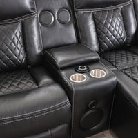 Party Time Champion Black (LED/BLUETOOTH SPEAKERS) Reclining Sectional, Push Back Chaise. Bluetooth Speaker. Smart Phone Charging Pad