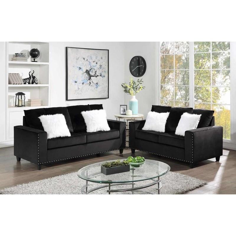 Cinderella 2PC(sofa and loveseat) Velvet Living Room Set, Black Danca