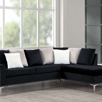 Cindy2 -Velvet Reversible Chaise Sectional, Fur Accent Pillows Included, Black / Neo Blue