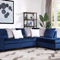 Cindy Velvet Sectional With Nailhead Trimming - Pillows Included, Reversible Chaise, Blue