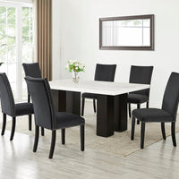 Finland 7-Piece Dining Set w/ Genuine Marble Table & PU Chairs/ Black Velvet Chairs