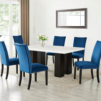 Finland 7-Piece Dining Set w/ Genuine Marble Table & PU Chairs/ Black Velvet Chairs