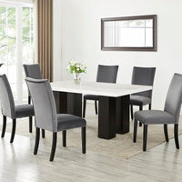 Finland 7-Piece Dining Set w/ Genuine Marble Table & PU Chairs/ Black Velvet Chairs