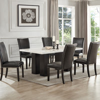 Finland 7-Piece Dining Set w/ Genuine Marble Table & PU Chairs/ Black Velvet Chairs
