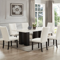 Finland 7-Piece Dining Set w/ Genuine Marble Table & PU Chairs/ Black Velvet Chairs