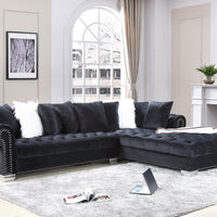 London Oversized Sectional Black Velvet, featuring nailhead trim & chrome legs, accent pillows