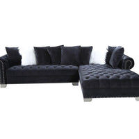 London Oversized Sectional Black Velvet, featuring nailhead trim & chrome legs, accent pillows