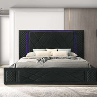Lorenzo Velvet Black Platform Bed (w/ LED LIGHTS, BLUETOOTH SPEAKERS, STORAGE ON SIDES & USB PORTS) - Queen, King