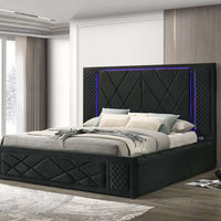 Lorenzo Velvet Black Platform Bed (w/ LED LIGHTS, BLUETOOTH SPEAKERS, STORAGE ON SIDES & USB PORTS) - Queen, King