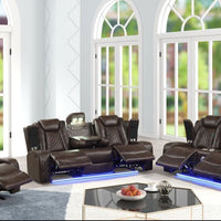 3PC Brown Reclining Living Room Set- BLUETOOTH SPEAKERS/LED, Manual Reclining, Sofa Drop Down w/2 Charging Pads, Reading Lights /Pre Order