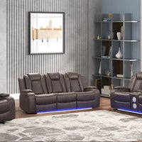 3PC Chocolate Manual Reclining Set, Bluetooth Speakers on Loveseat, Sofa Drop Down w/2 Charging Pads, Reading Lights, LED Lights, Storage Compartment in each Arms
