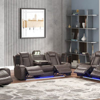 3PC Chocolate Manual Reclining Set, Bluetooth Speakers on Loveseat, Sofa Drop Down w/2 Charging Pads, Reading Lights, LED Lights, Storage Compartment in each Arms