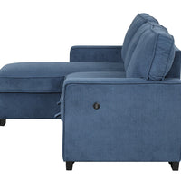 Marcos Blue Sleeper Sectional, With Pull-Out Bed, Storage Chaise, Drop Down Table + 2 Cupholders & 2 USB Charging Ports