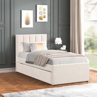 316 Beige Velvet Platform Bed – Hidden Trundle & Luxe Design(PRE-ORDER)
