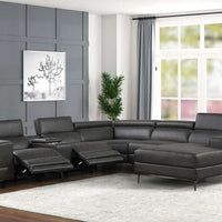 MILANO BLACK/GRAY/PEARL - Power Reclining Modular Sectional in Leather Gel, 2 POWER RECLINERS WITH ADJUSTABLE HEADREST/ PRE-ORDER