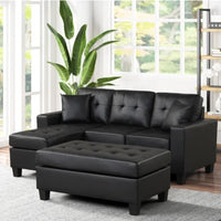 Naomi Small Sectional Sofa Chaise with Ottoman Black PU - Reversible
