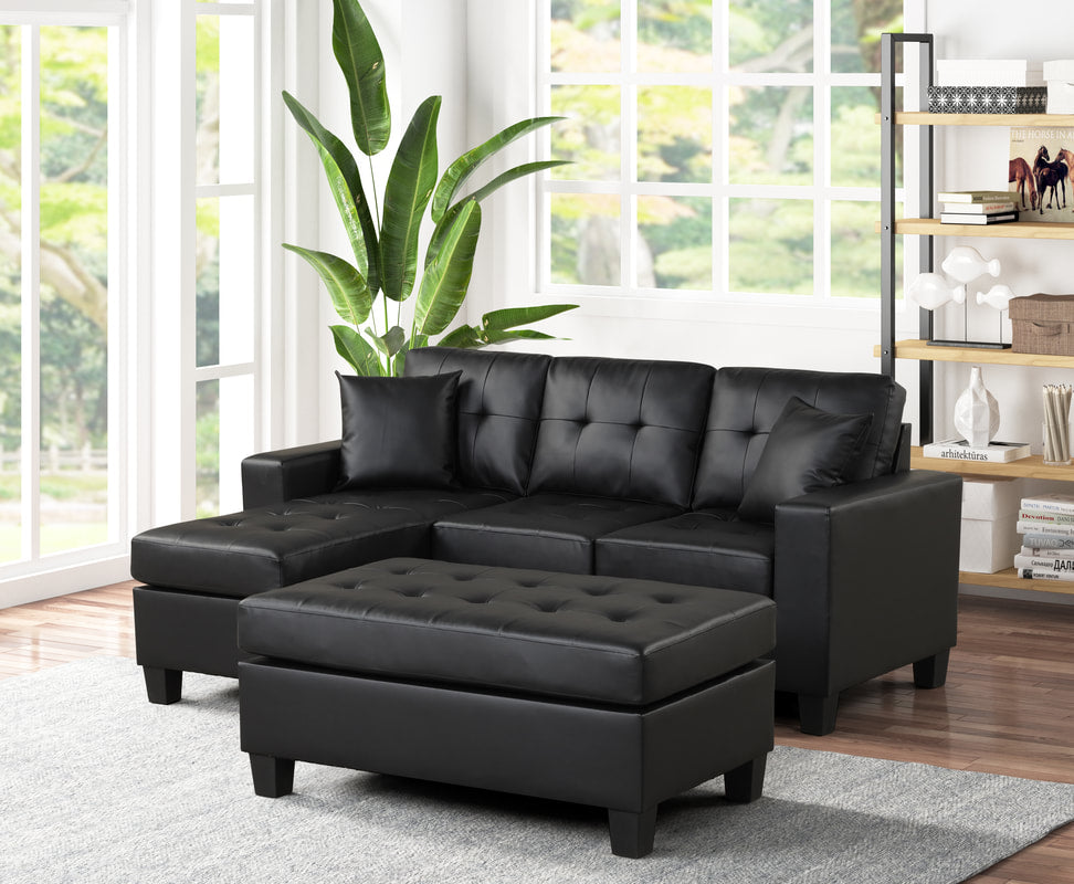 Naomi Small Sectional Sofa Chaise with Ottoman Black PU Reversible