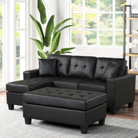 Naomi Small Sectional Sofa Chaise with Ottoman Black PU - Reversible