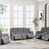 OLIVER CHARCOAL RECLINING SET - 3 PC. - SOFA, LOVESEAT w/Storage Console with Stainless Steel Cupholders & RECLINER